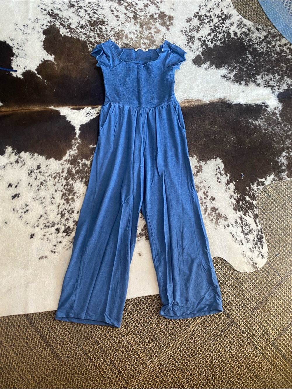 Soft Surroundings Blue Wide-Leg Jumpsuit with Flutter Cap Sleeves